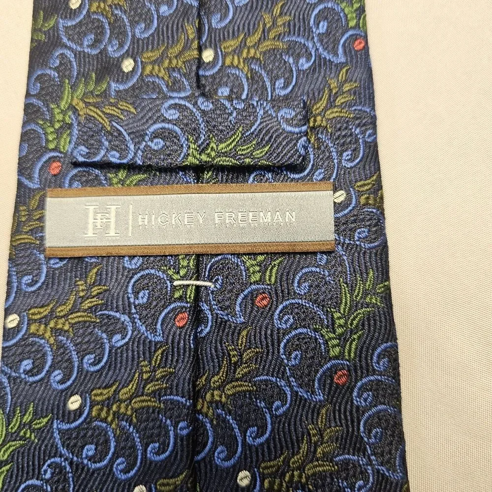 Hickey Freeman Tie Mens Silk Blue Geometric Pattern 60x3.5‎ Extra Long